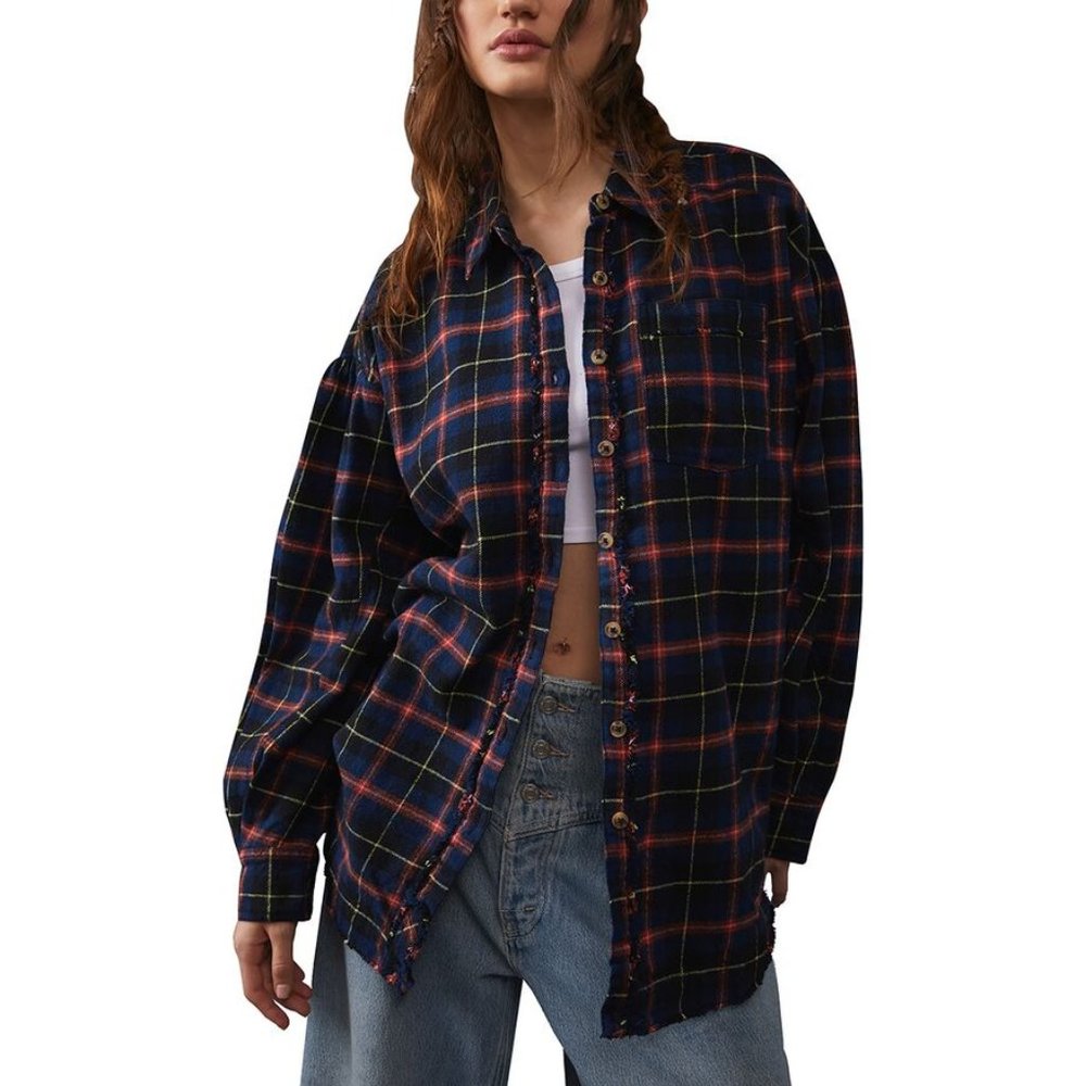 NWOT Free People Happy Hour Plaid (Oversized) Shirt